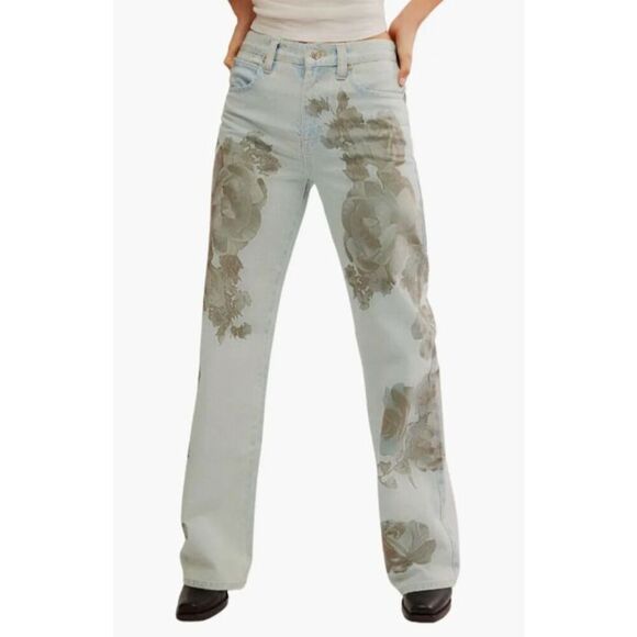 Free People Light Blue Floral Straight Leg Jeans - Picture 1 of 5
